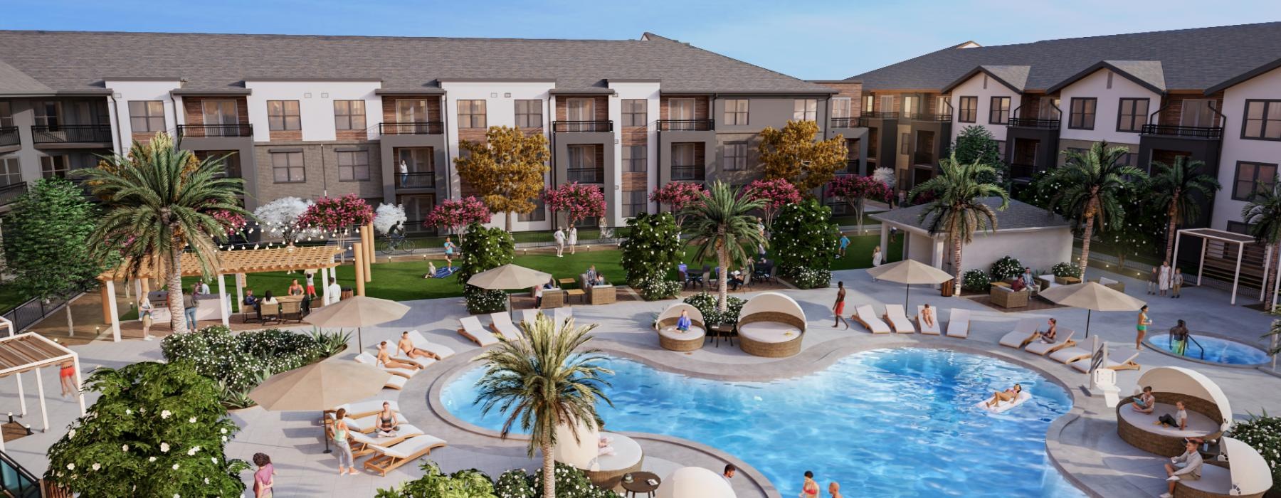 a swimming pool in a resort