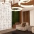 a living room with a wall of art